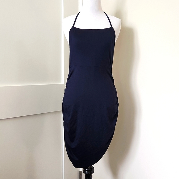 🤞NWT Anthropologie Navy blue halter ruched midi dress w/ zip/tie closure Size S - Picture 1 of 4